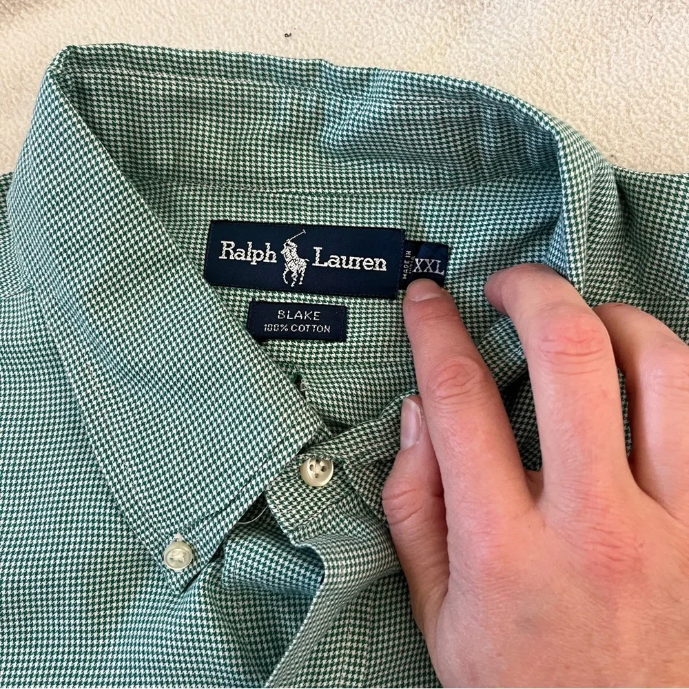 Ralph Lauren Blake 100% Cotton Men's Green White Houndstooth Button Down Shirt